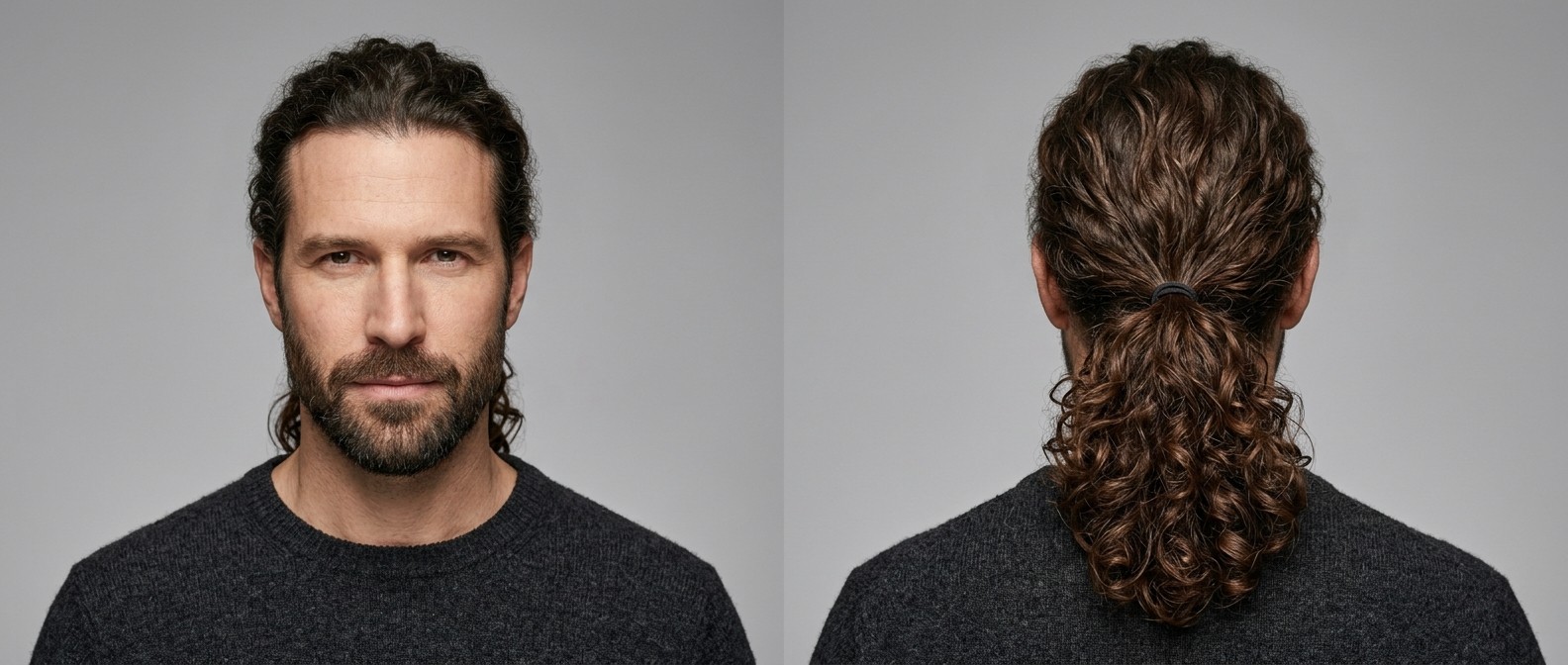 Mature man with a short beard showcasing a mid-height curly ponytail, featuring long, dark brown Type 3 ringlets pulled back neatly.