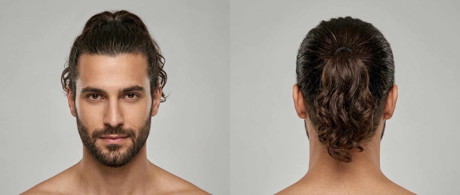 Front and back view of a handsome man with olive skin and a short beard wearing a wavy dark brown mid-crown ponytail, showcasing natural texture.