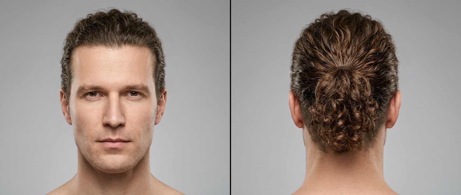 Front and back view of a clean-shaven man aged 35-45 with a rectangular face, sporting a curly brown mid-height ponytail with thick, wavy hair.
