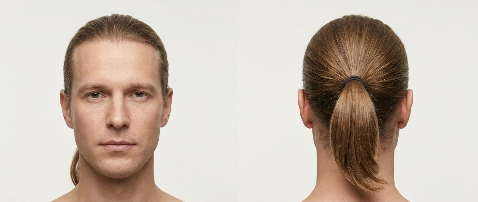 Front and back view of a Caucasian man aged 35-45 with light brown, straight hair styled in a classic, neat low ponytail at the nape of the neck.