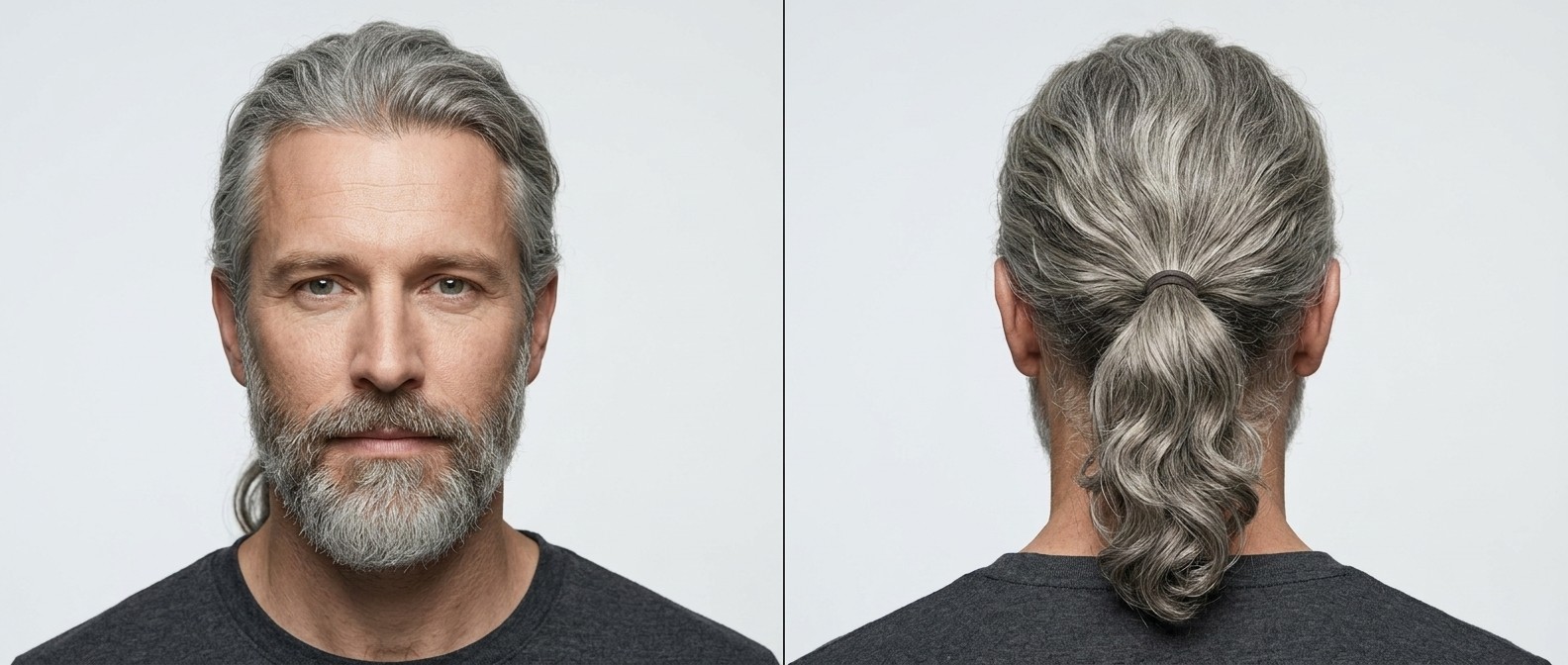 Front and back view of a 40-year-old man with a thick, wavy silver ponytail, swept-back volume, widow's peak, and a well-groomed full gray beard.
