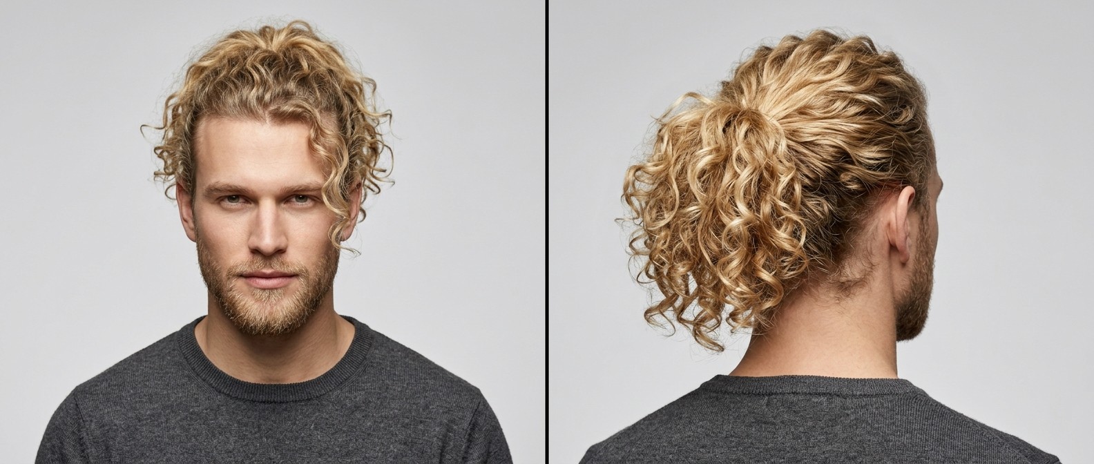 Young blonde man with a short beard showcasing a highly textured, curly Type 3 mid-height ponytail with loose, face-framing tendrils on a grey background.