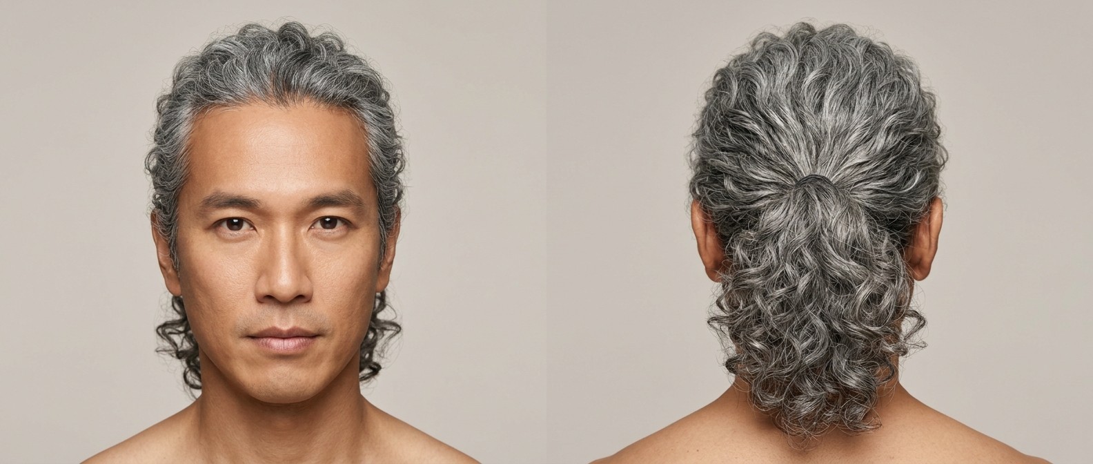Front and back view of an Asian man with an oval face styling his long, curly silver hair into a loose mid-level ponytail.