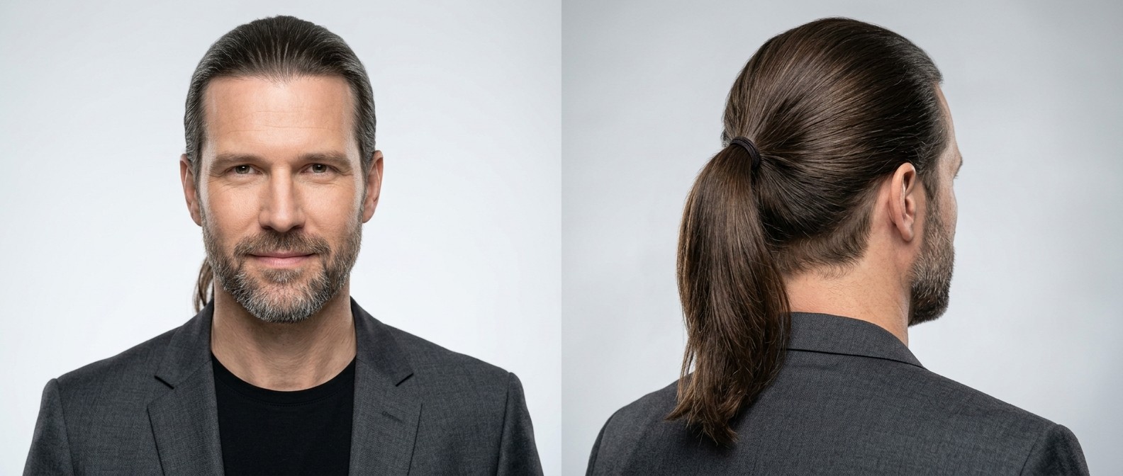 Middle-aged Caucasian man with a neatly trimmed short beard wearing a sleek, dark brown low ponytail, demonstrating a professional and sporty long hairstyle.