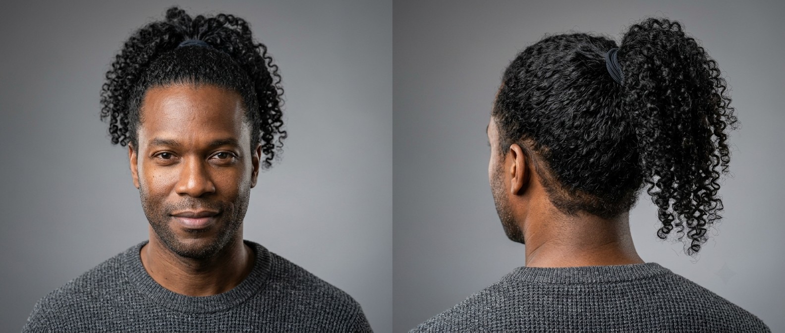 Mature Black man with stubble wearing a high curly ponytail, showcasing thick Type 3 ringlets and neatly tapered nape against a grey background.