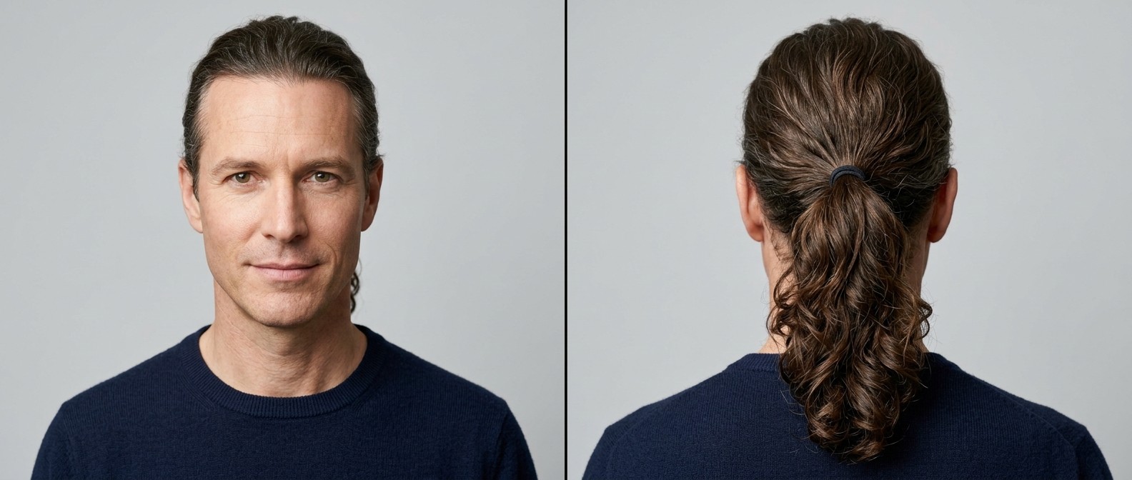 Front and back view of a mature man with dark brown, wavy hair styled in a casual, mid-level ponytail, showcasing a natural widow's peak.