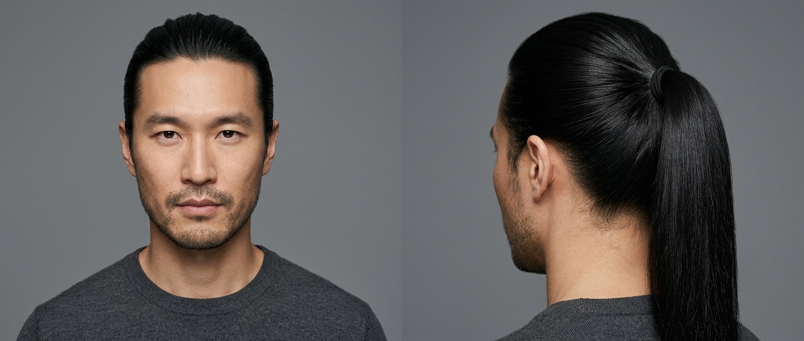 Asian man with a sleek, long straight black ponytail. Front and side views show a smooth, pulled-back athletic hairstyle with light facial stubble.