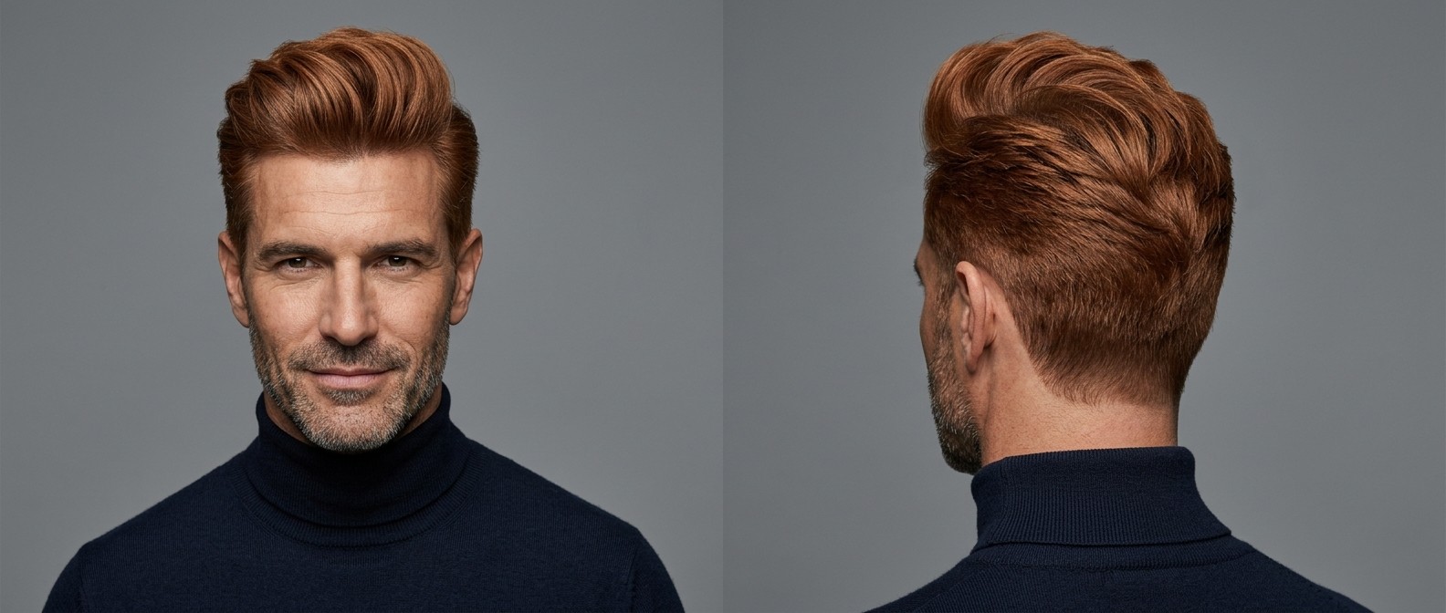 Homem de meia-idade com pele oliva e cabelo ruivo denso estilizado em um quiff volumoso com laterais em degradê e barba por fazer.