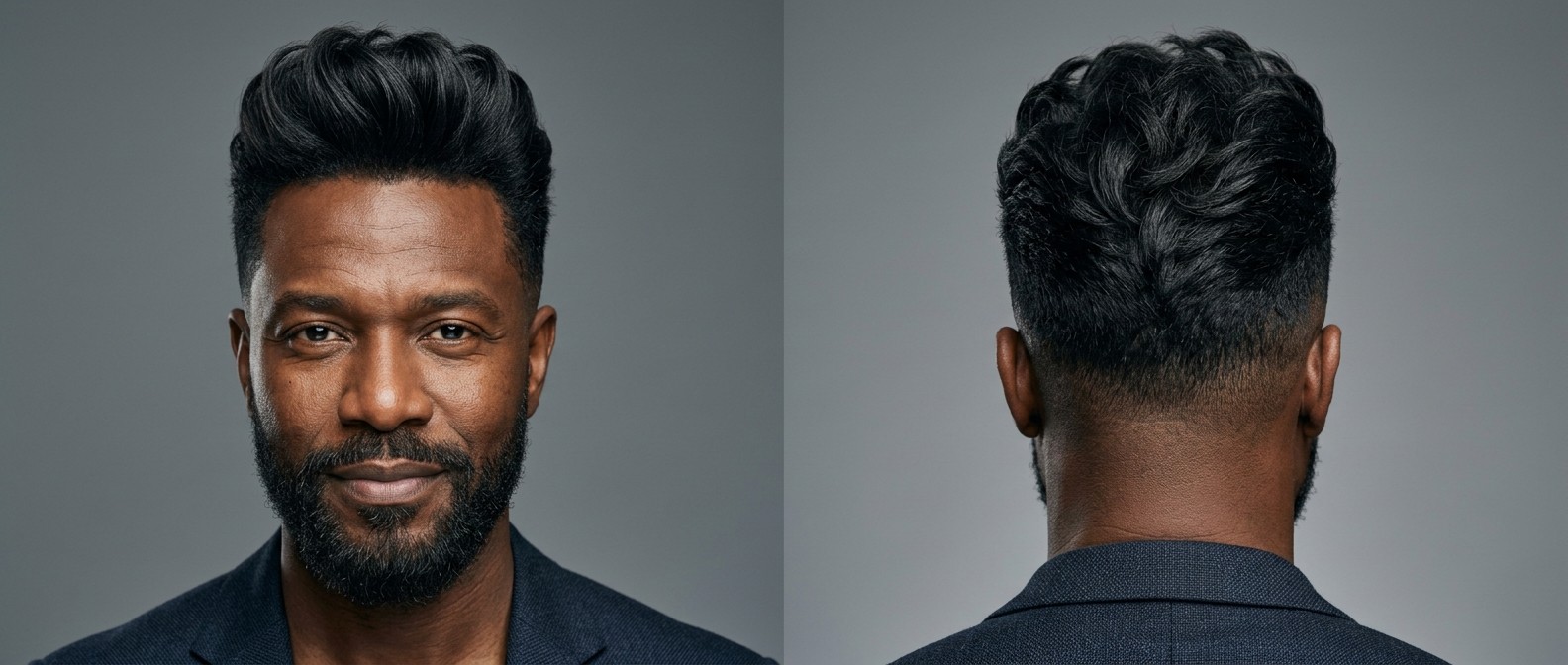 Front and back view of a mature Black man showcasing a high-volume textured quiff with a mid taper fade, widow's peak, and a neatly groomed full beard.