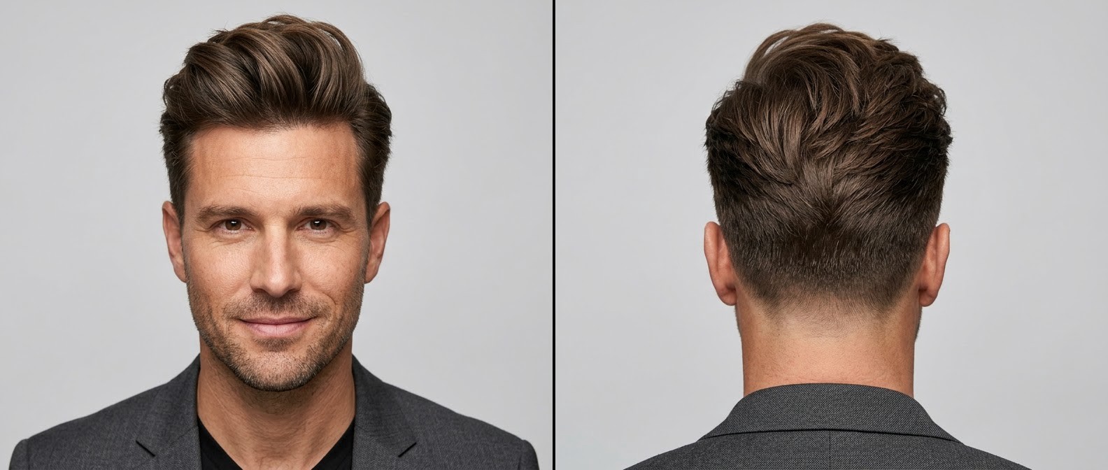 Vue de face et de dos d'un homme professionnel avec une quiff texturée, côtés dégradés et volume sur le dessus.