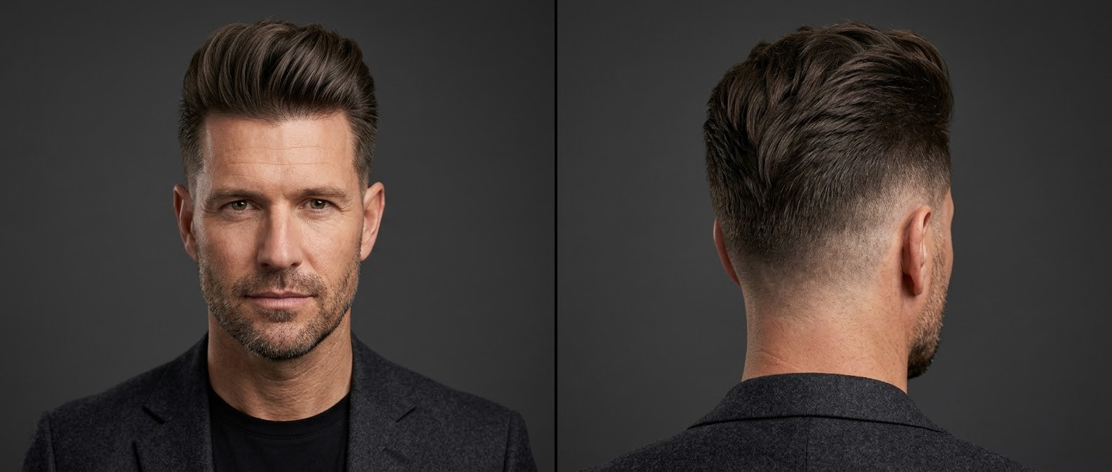 Mature man with a square face sporting a textured modern quiff hairstyle with seamlessly tapered short sides and a well-groomed stubble beard.