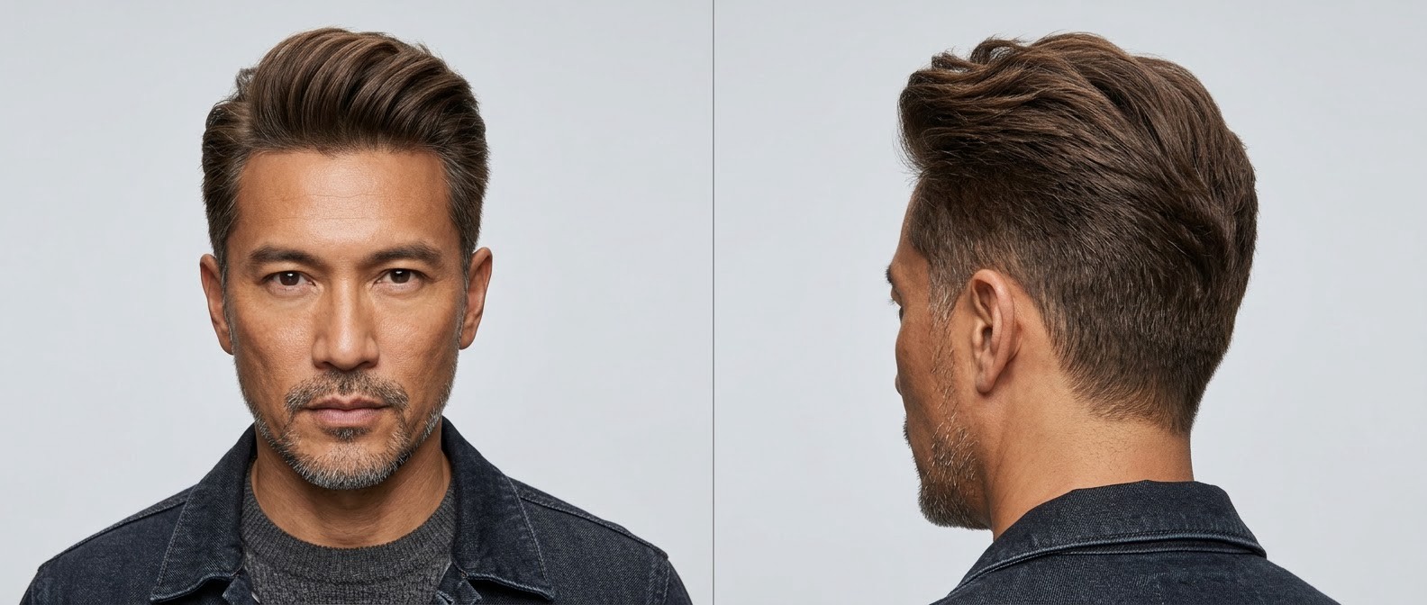 Front and side profile of a mature Asian man with a textured, swept-back quiff, short tapered sides, and a well-groomed stubble beard.