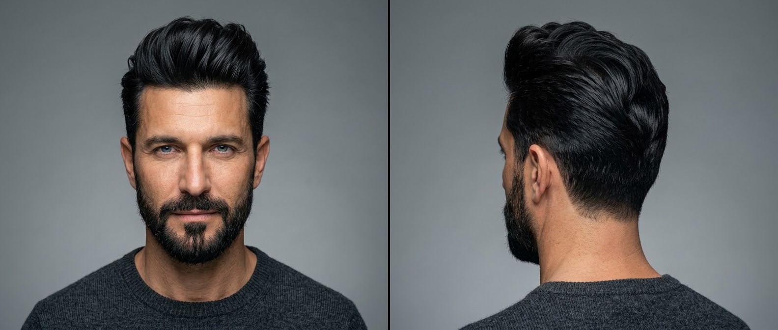 Mature Caucasian man with a neatly trimmed beard showcasing a classic executive quiff with medium-length textured top and short tapered sides.