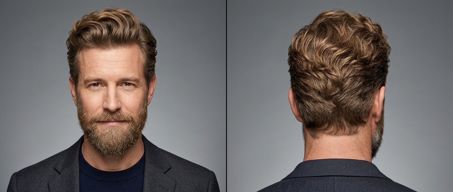 Mature man with light brown wavy hair styled in a textured quiff with scissor-cut sides, featuring a full beard and wearing a business suit.