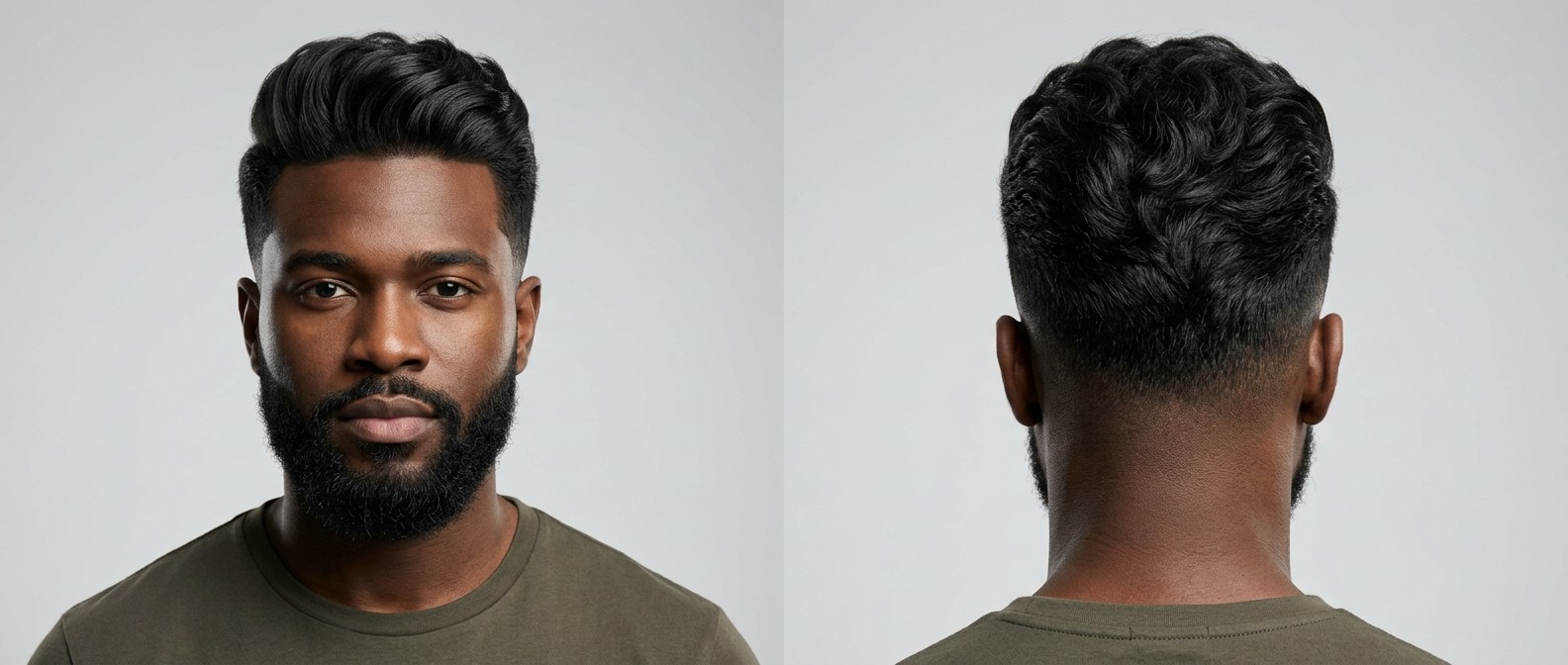 Front and back view of a Black man with a textured wavy quiff, crisp temple line-up, mid drop fade, and a seamlessly blended full beard.