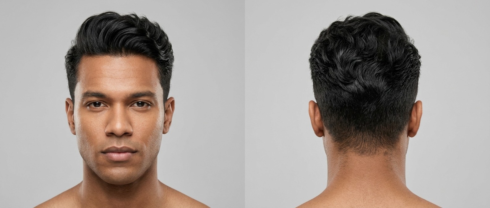 Front and back view of a man with medium skin and black wavy hair styled in a textured quiff with short tapered sides and a clean neckline.
