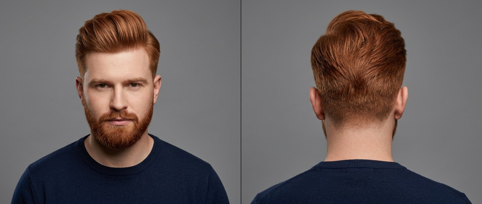 Front and back view of a Caucasian man with thick red hair and a beard, modeling a voluminous swept-back quiff with short tapered sides.