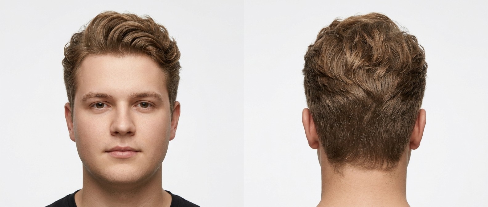 Front and back view of a young man showcasing a textured wavy quiff hairstyle, featuring soft tapered sides, medium light brown hair, and natural volume.