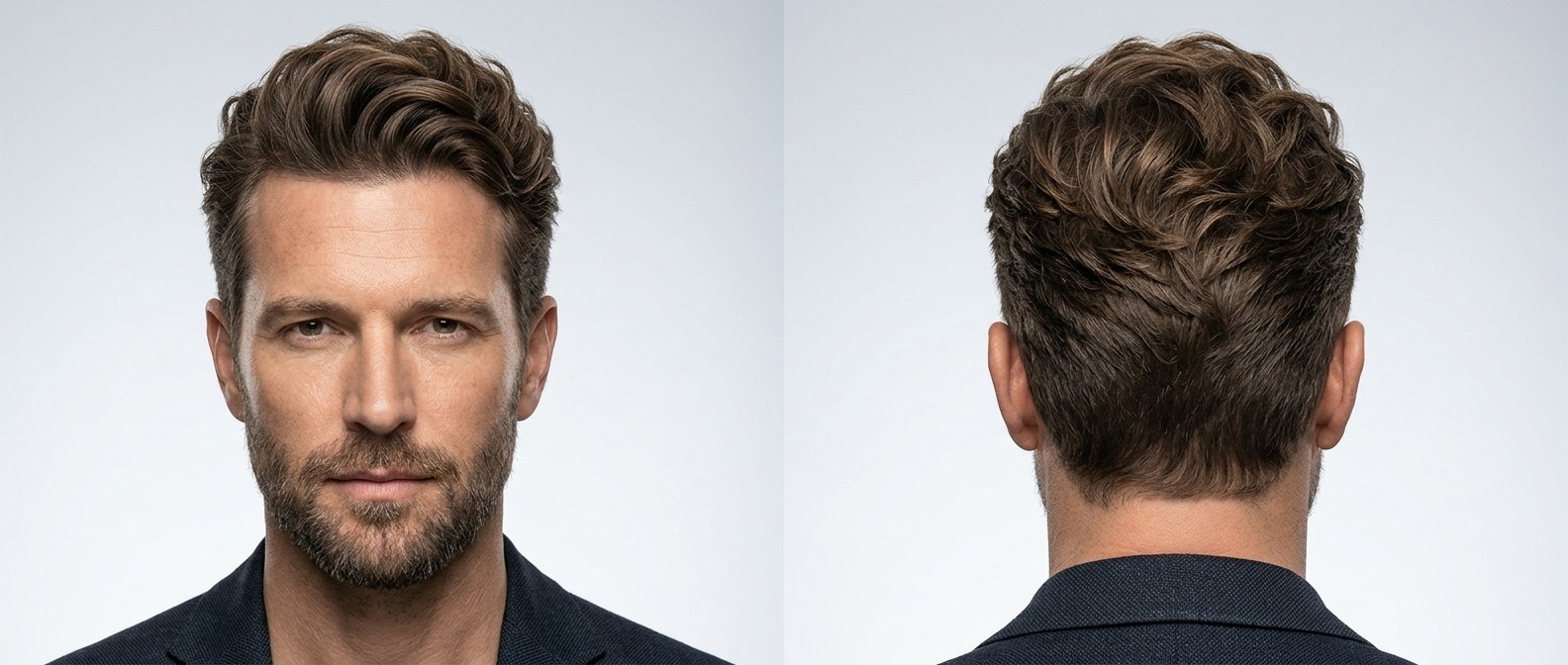 Mature man with medium brown wavy hair styled in a textured quiff, featuring short tapered sides, a widow's peak, and a well-groomed short beard.