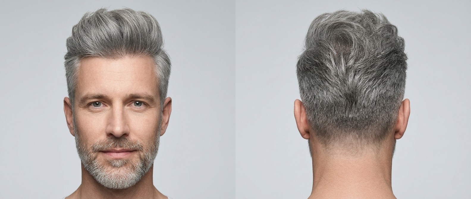 Front and back view of a mature man with a short beard styling a voluminous silver textured quiff with cleanly tapered sides and natural crown flow.