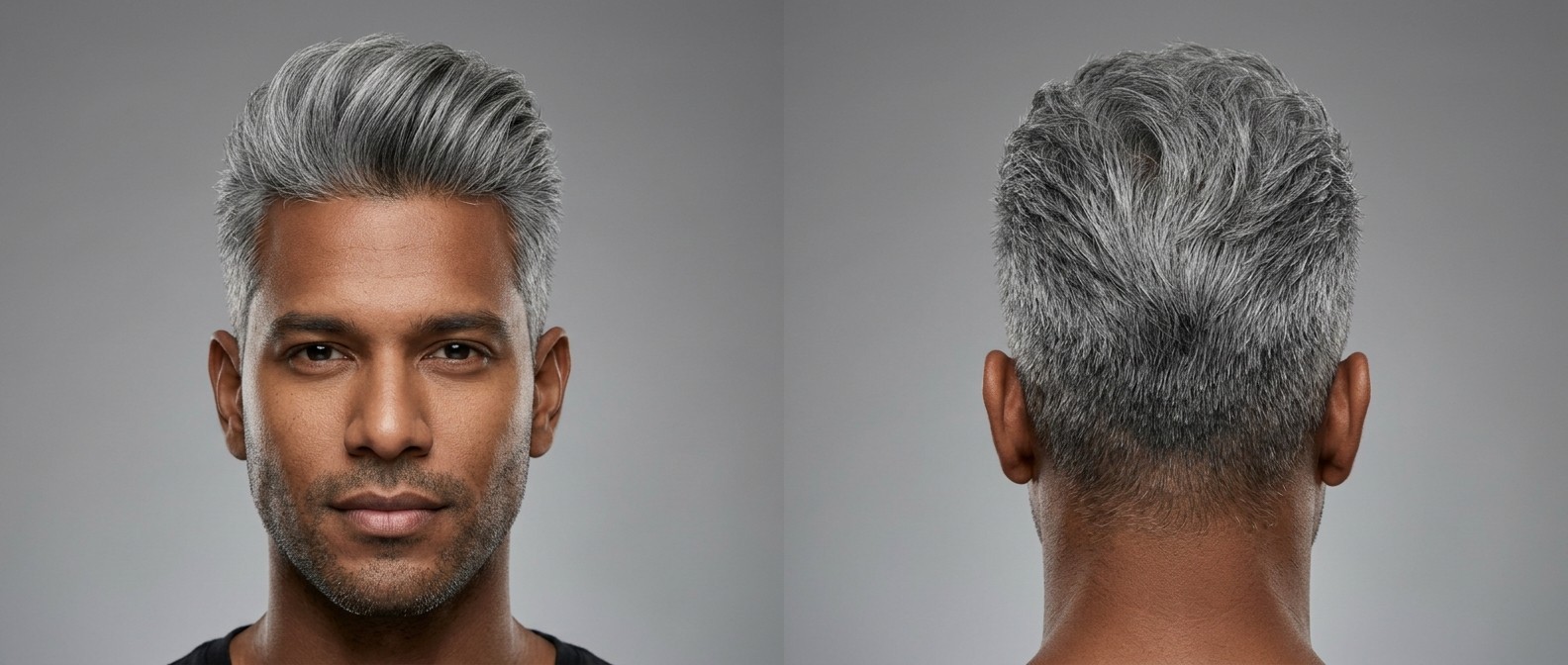 Front and back view of a man with silver-gray hair wearing a voluminous textured quiff with classic tapered sides and a neat stubble beard.