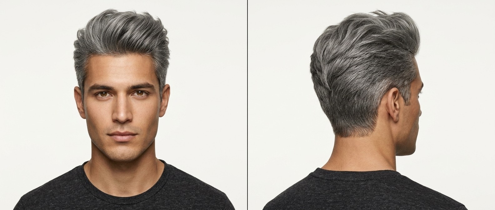 Front and side view of a young man with a textured silver quiff hairstyle, featuring short scissor-cut sides and sweeping top volume.