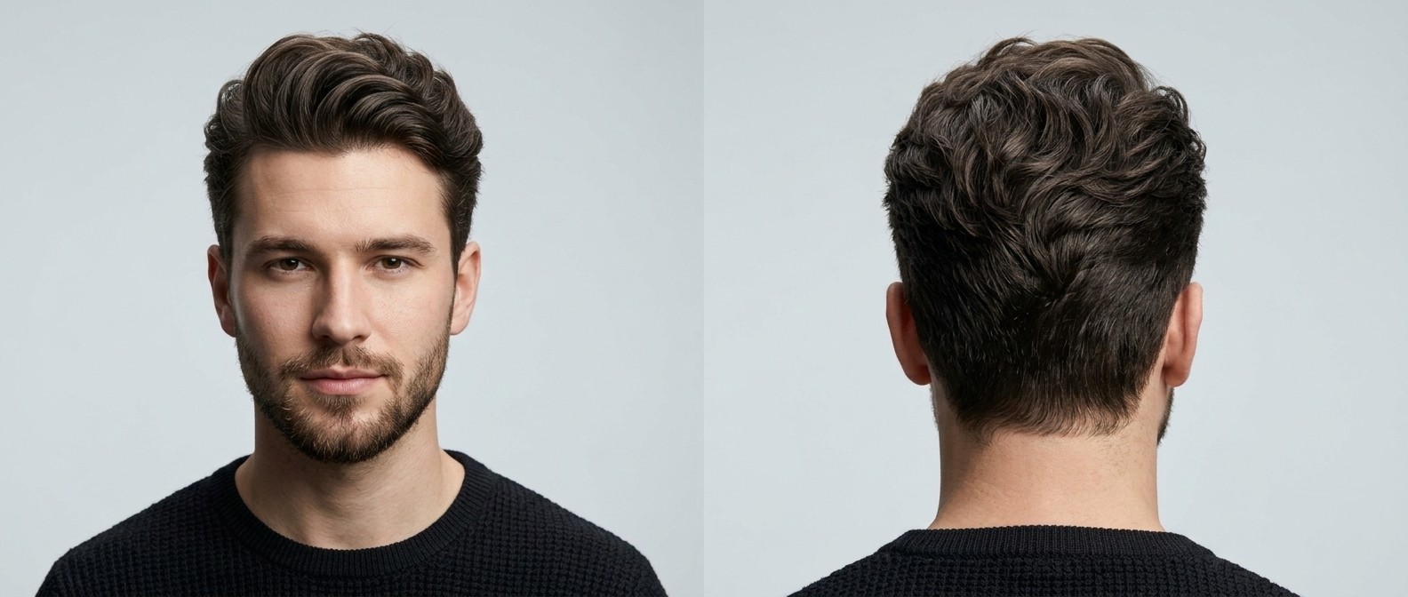 Front and back view of a young Caucasian man with dark brown, thick wavy hair styled in a voluminous textured quiff with softly tapered sides.
