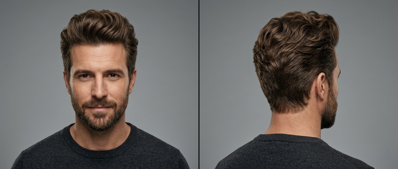 Front and back view of a 40-year-old Caucasian man with a neatly trimmed beard wearing a wavy textured quiff hairstyle with soft tapered sides.