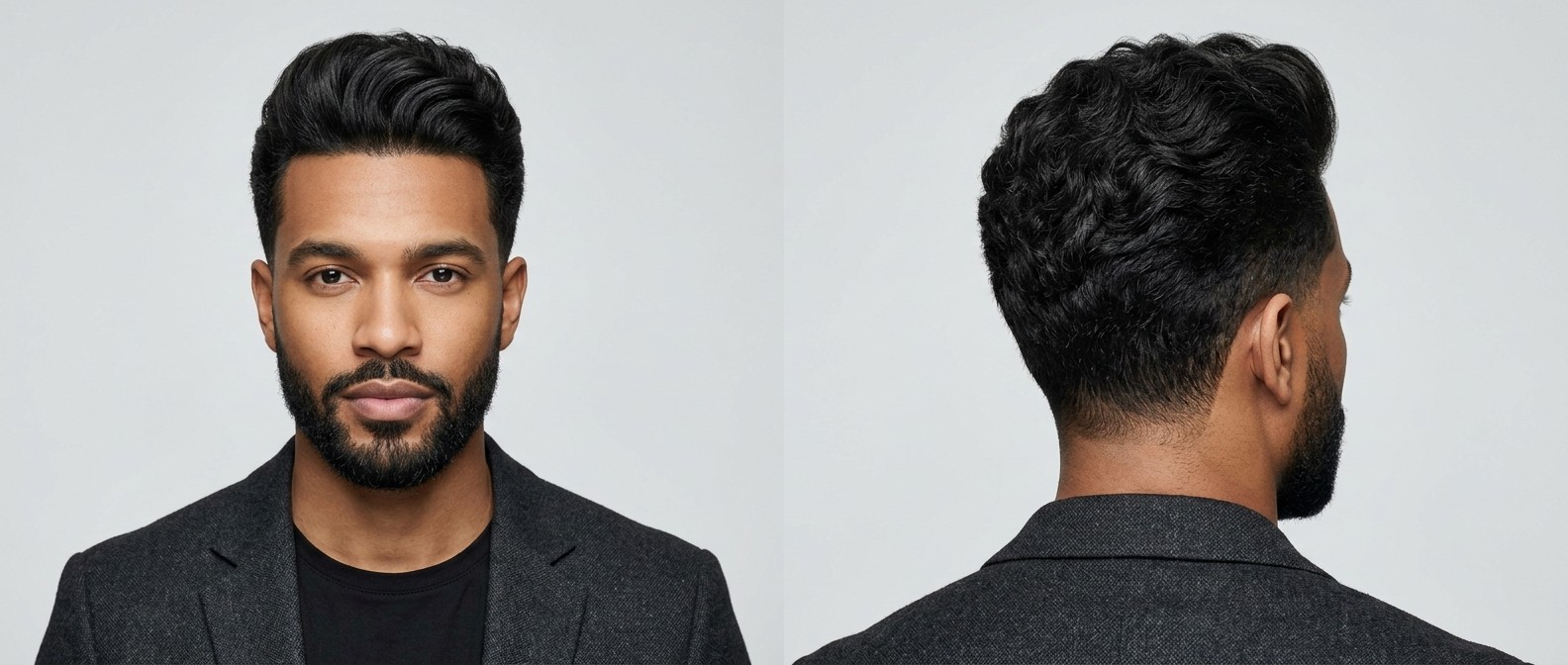 Professional wavy quiff haircut for thick black hair, featuring tightly tapered sides, a voluminous textured top, and a well-groomed beard.