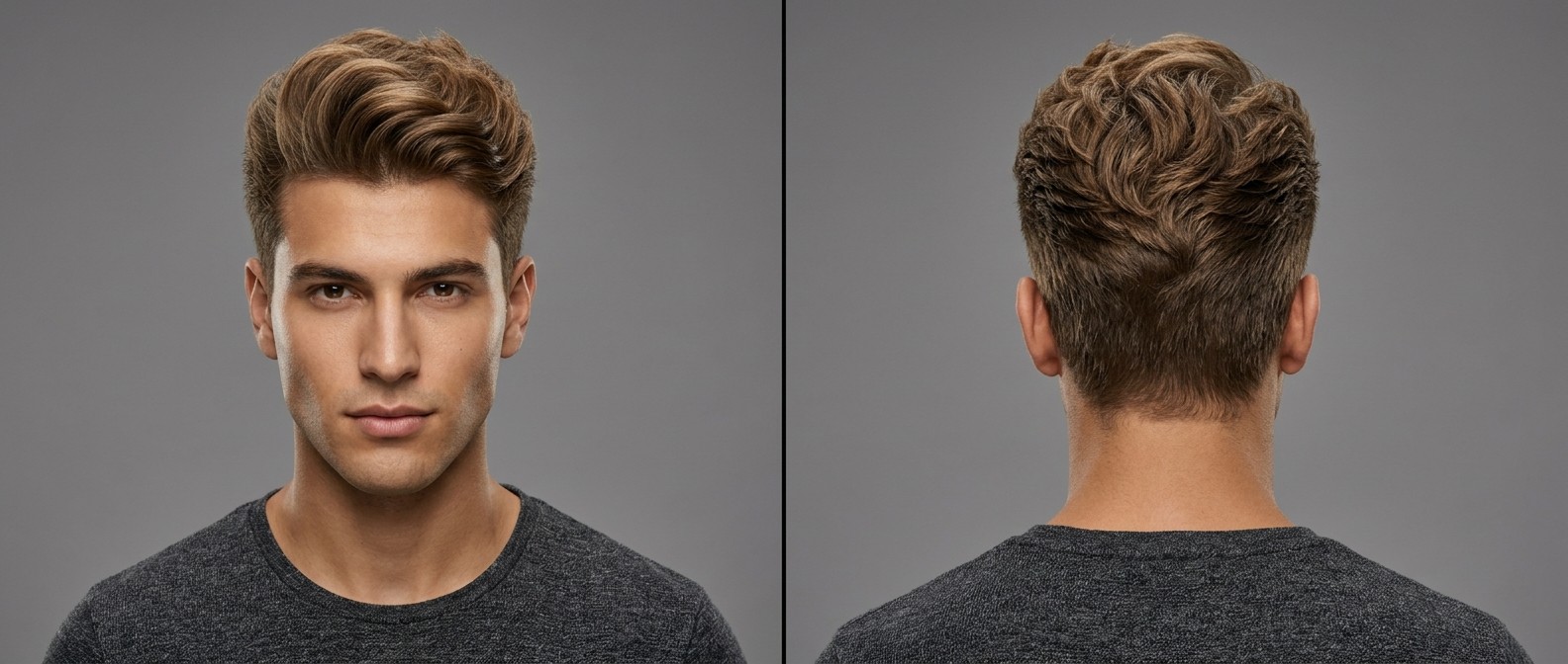 Front and back view of a young man with a highly textured, wavy quiff hairstyle featuring voluminous top hair and clean, short tapered sides.