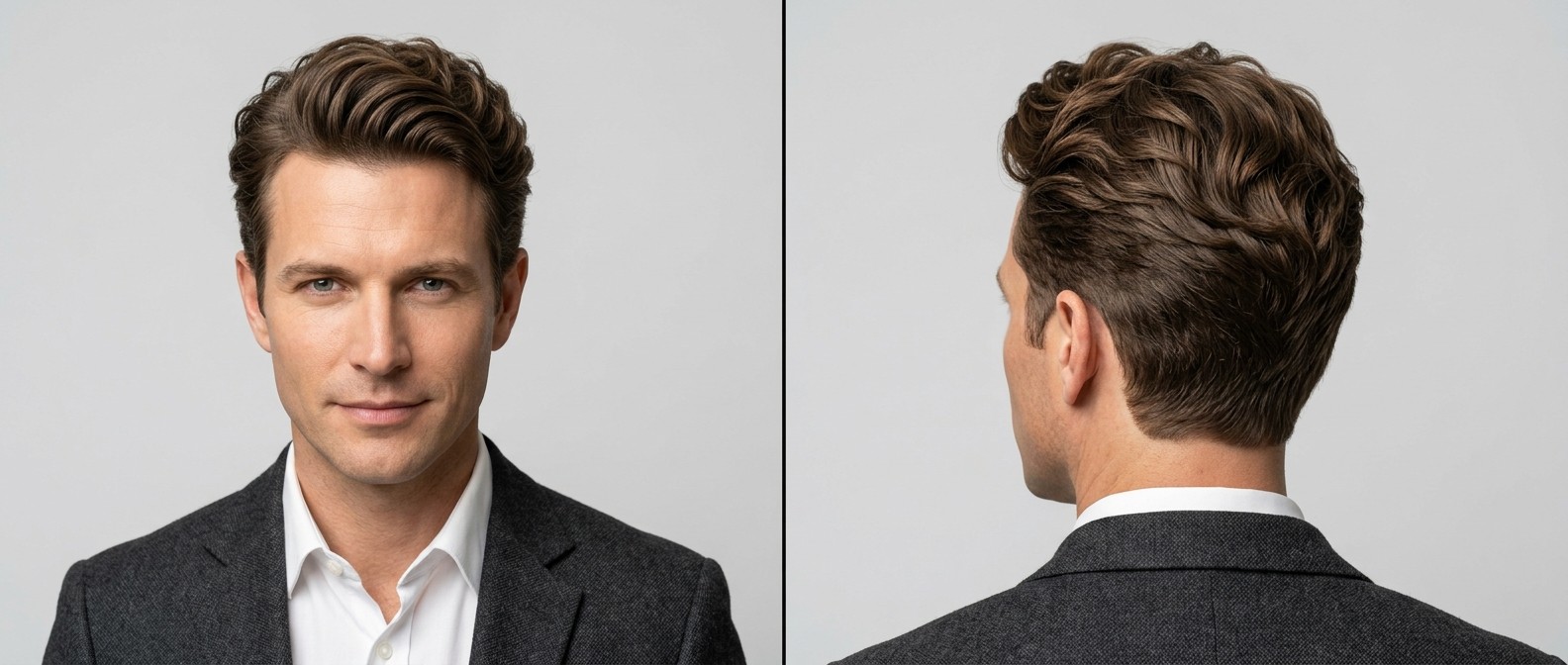 Professional man with a wavy swept-back business quiff hairstyle, featuring a medium-length textured top and cleanly tapered sides.