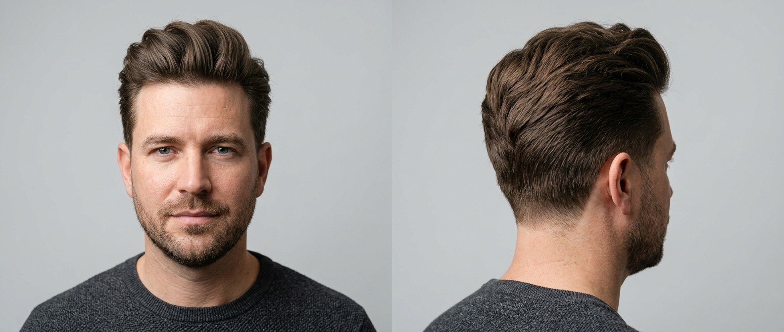 Front and side view of a Caucasian man in a grey sweater with a thick, textured quiff hairstyle, softly tapered sides, and a well-groomed stubble beard.