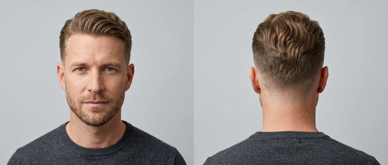 Front and back view of a 40-year-old man with a wavy Regulation Cut, featuring faded short sides and a swept-back top for a receding hairline.
