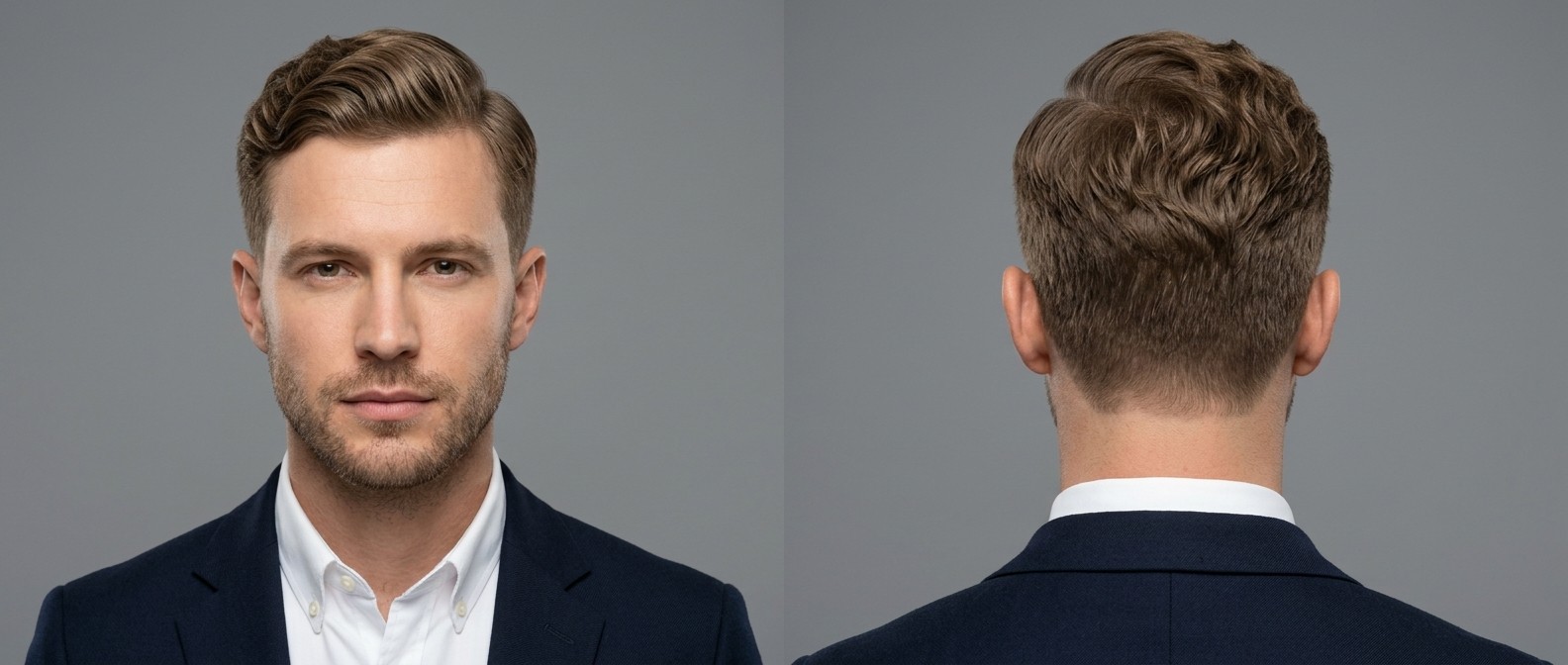 Front- und Rückansicht eines Mannes im Anzug mit einem Wavy Regulation Cut, kurzen Tapered Sides und markantem Seitenscheitel.