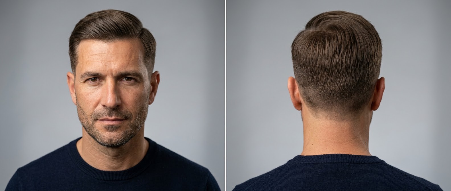 Mature man with a classic Regulation Cut featuring a sharp side part, short tapered sides, and a smoothly swept top, viewed from front and back.