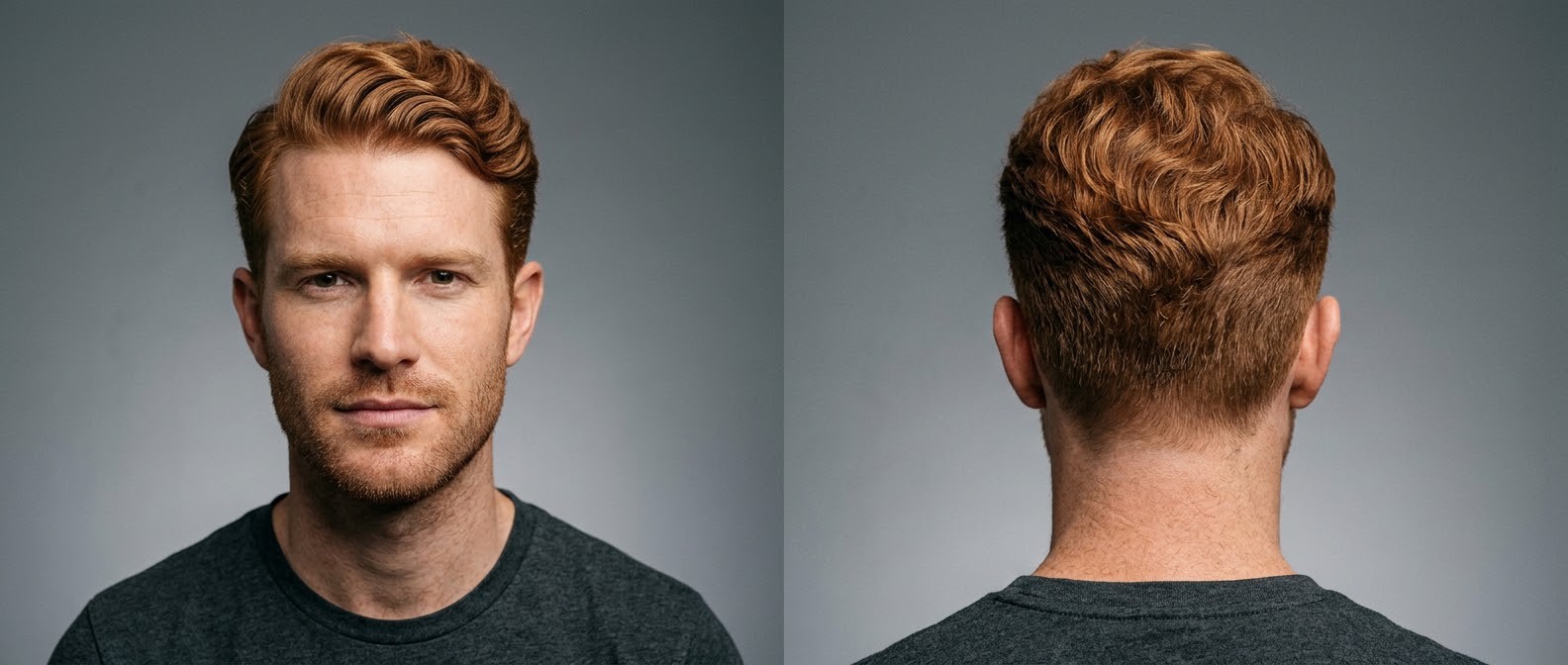 Front and back view of a man with red hair wearing a wavy regulation cut, featuring short tapered sides and textured swept-back volume on top.