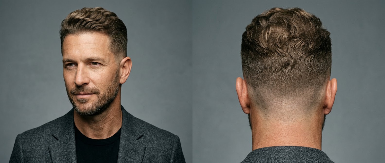 Mature man with a wavy regulation cut, featuring a crisp mid fade, textured top, and short beard, wearing a grey suit jacket against a grey backdrop.