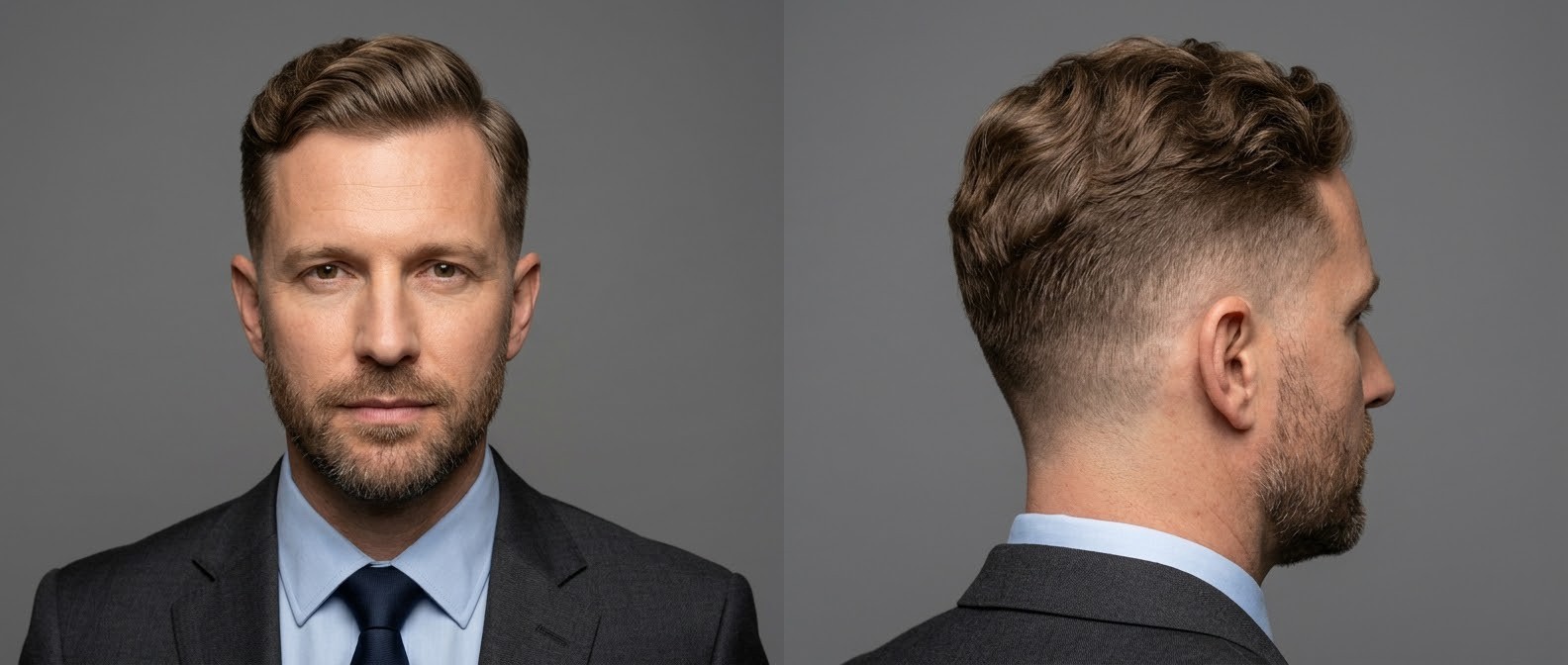 Professional man with a wavy regulation cut, mid drop fade, and short beard, wearing a grey suit and blue shirt against a grey background.