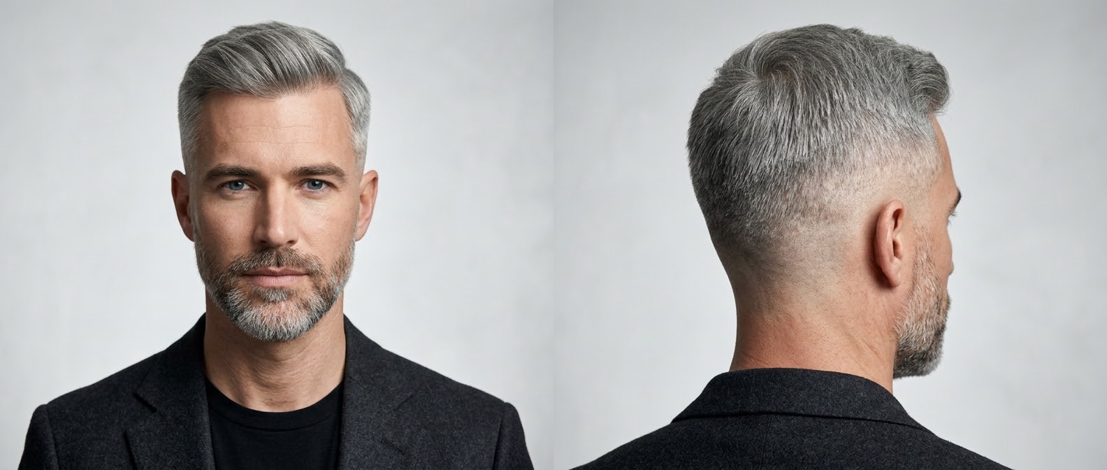 Split image of a man with silver hair and a short beard, modeling a modern Regulation Cut with a sweeping textured top and a clean skin fade.