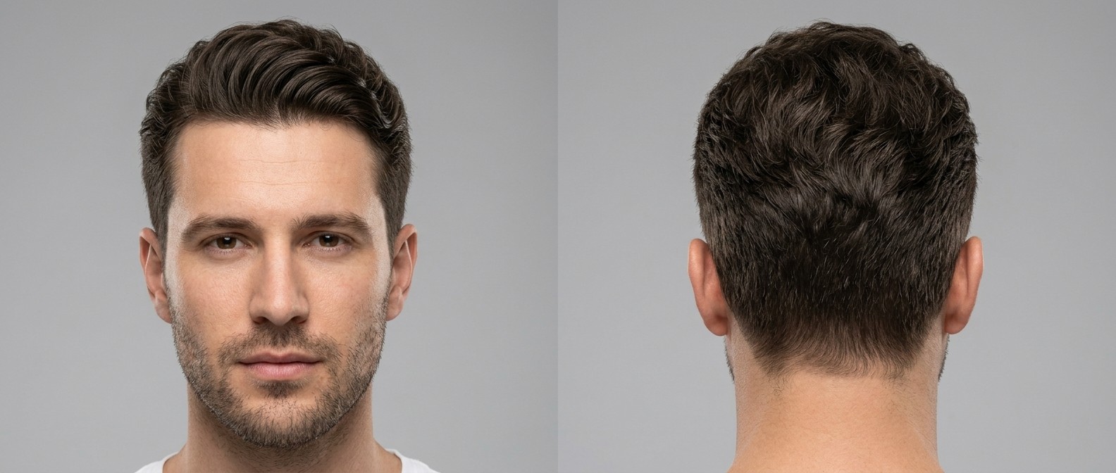 Front and back view of a Caucasian man with thick, wavy dark brown hair wearing a modern textured Regulation Cut with short tapered sides.