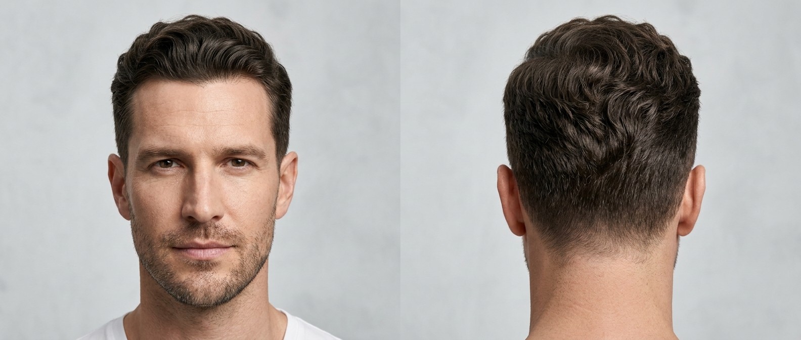 Front and back view of a Caucasian man with dark brown wavy hair wearing a short Regulation Cut with tapered sides and a swept-back front.