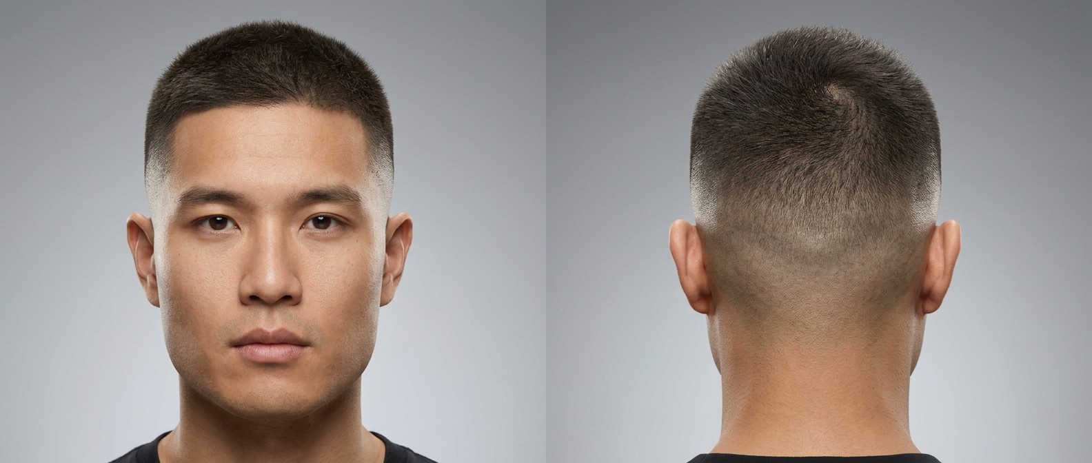 Front and back view of an Asian man with a short regulation cut, featuring a precise high bald fade and densely clipped dark brown straight hair.