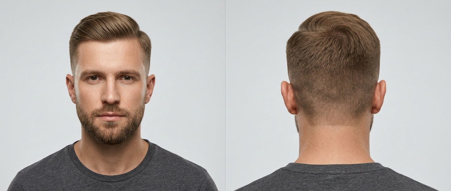 Front and back view of a Caucasian man with a neatly groomed beard wearing a classic Regulation Cut with a mid fade and sharp side part.