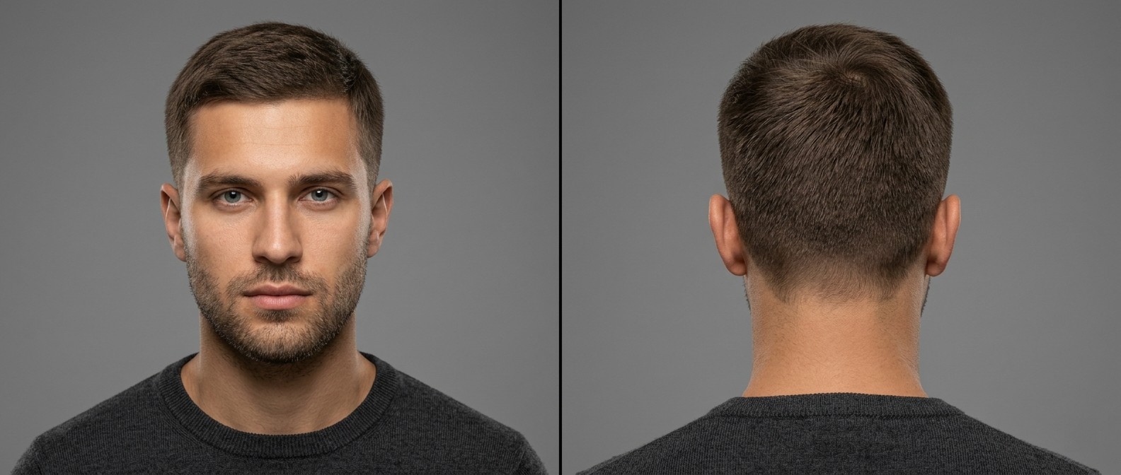 Front and back view of a young man with a classic Regulation Cut, featuring cleanly tapered sides, a short textured top, and a natural nape.