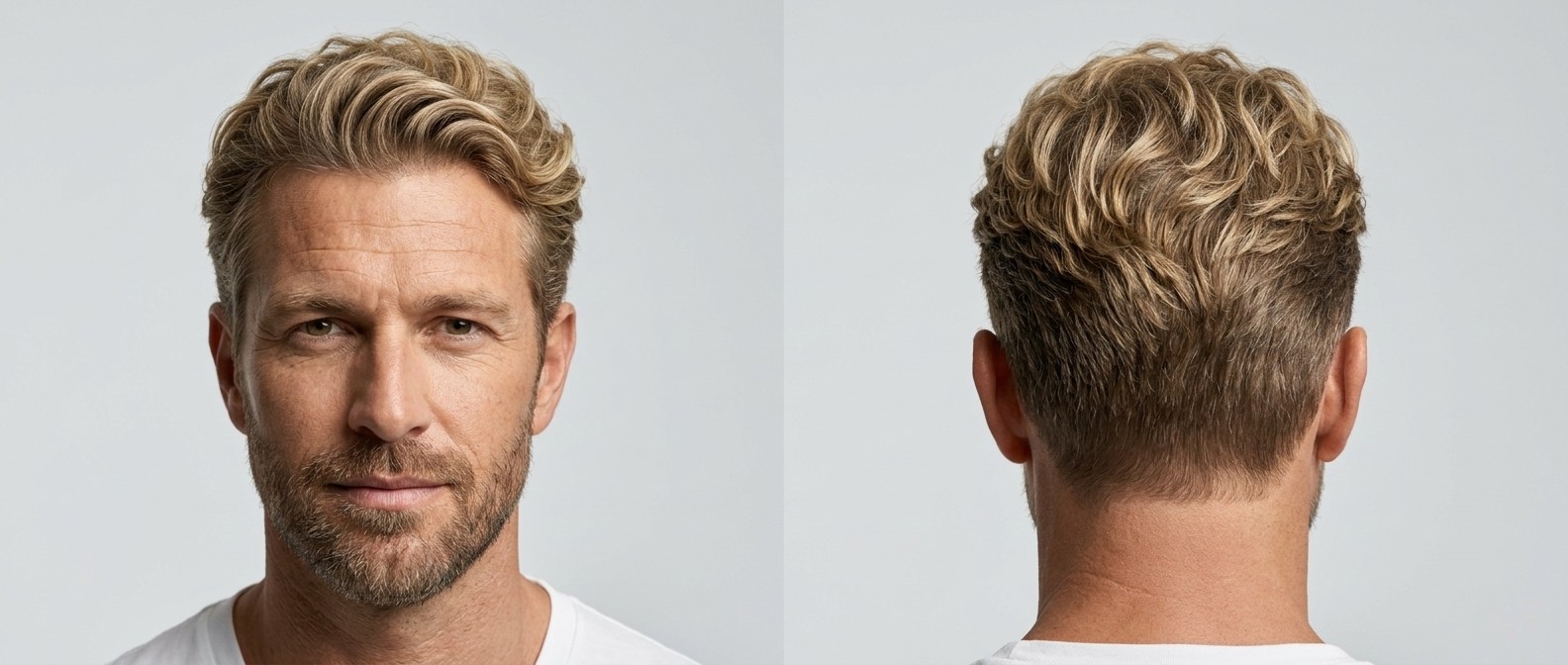 Front and back view of a 45-year-old man with thick, wavy blonde hair wearing a modern regulation cut with short tapered sides and a textured top.