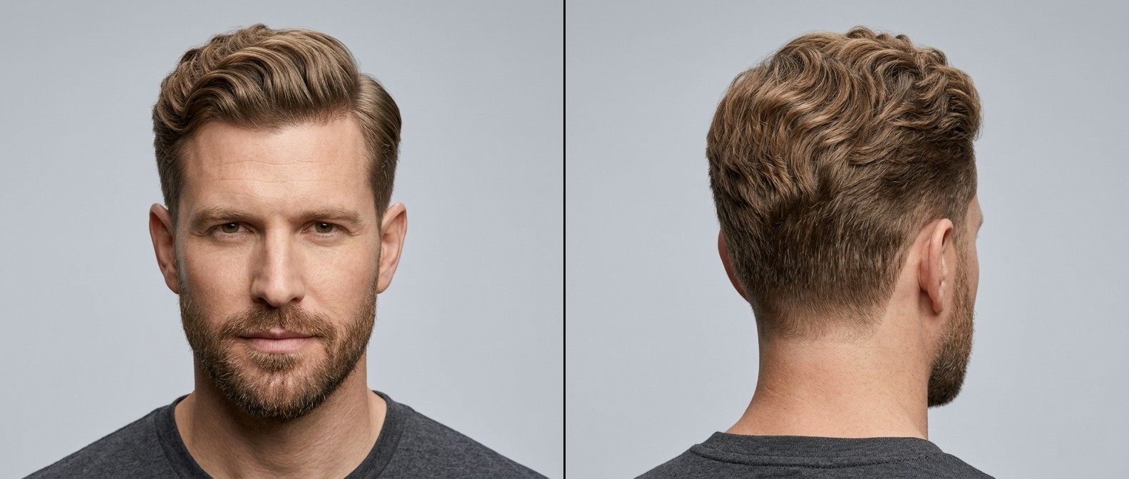 Front and back view of a man with a wavy regulation haircut, featuring short tapered sides, a textured voluminous top, and a short beard.