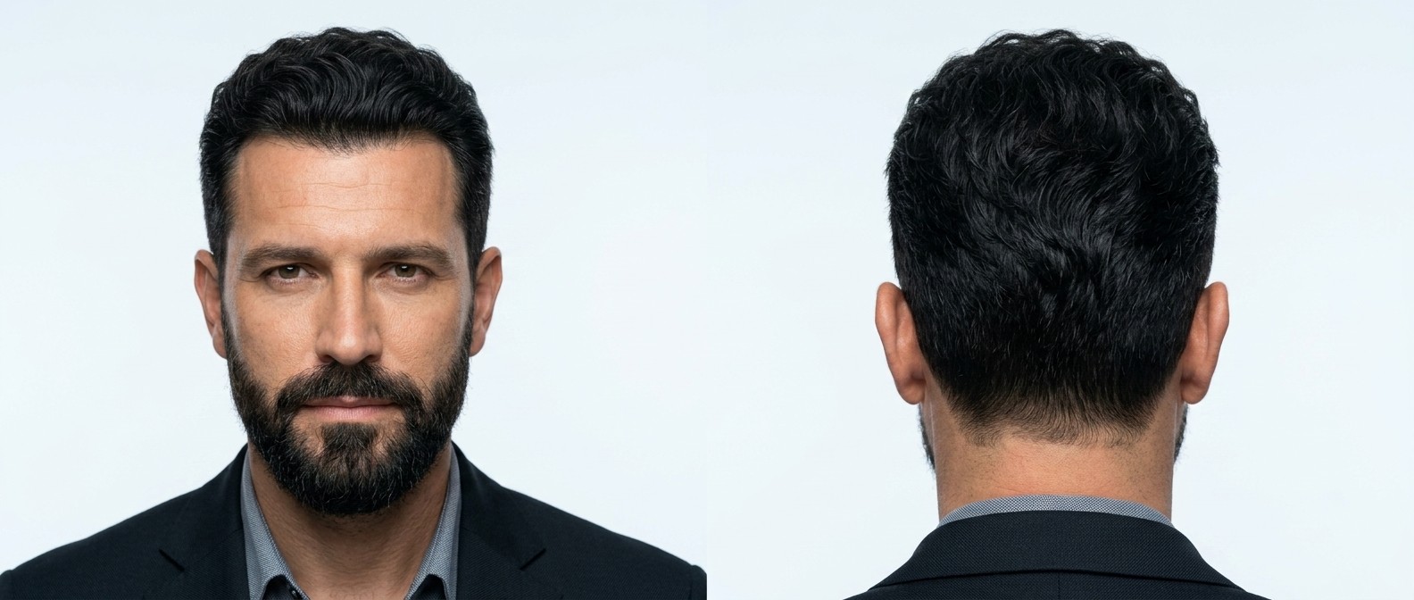 Front and back view of a mature man with a beard wearing a wavy Regulation Cut with short tapered sides and a textured, swept-back top.
