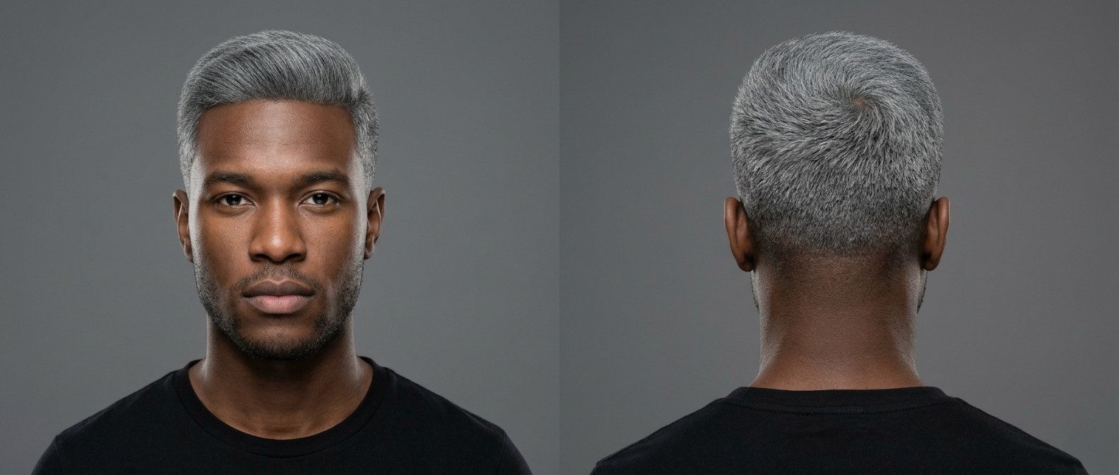 Young Black man with thick, straight silver-gray hair styled in a neat Regulation Cut, featuring short tapered sides and a swept top.