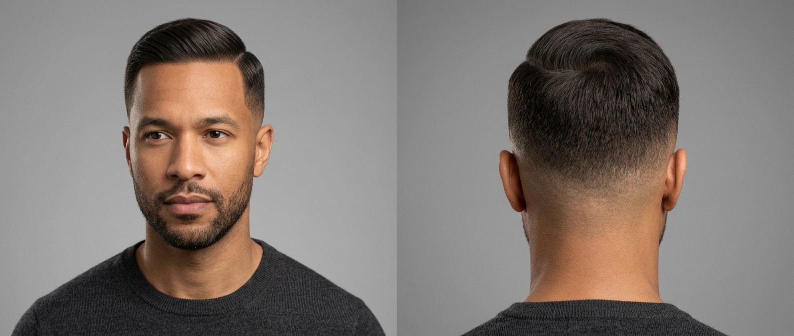 Front and back view of a medium-skinned man with a sleek regulation cut featuring a hard part, mid skin fade, and a neatly groomed short beard.