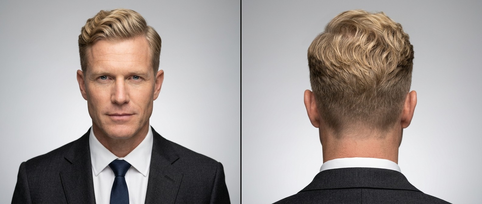 Mature blonde man wearing a suit, modeling a wavy regulation cut with a side part, short tapered sides, and a textured top. Front and back views.